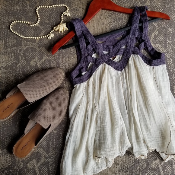 Free People Flowy Cream Blue Strappy Blouse Sheer - Picture 1 of 3